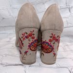 RESTRICTED Block Heel Tan Faux Suede w Embroidered Floral Heels Photo 5