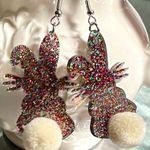 Sparkling Bunny w/fluffy pompom tail Acrylic Dangle Earrings Purple Photo 0