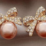 Gold and Peach Bow Pearl Earrings Pink Photo 0