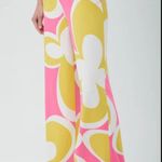 Trina Turk Verity Bright Pink & Yellow Retro Floral Wide Leg Pants 0 Photo 3