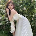 Japanese Cream Ivory Lace Ruffle Soft Chiffon Pleated Strap Maxi Dress Photo 2