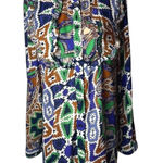 Joy Joy Dress Women Medium Blue Green Abstract Long Sleeve Ruffle Neck Mini Photo 0