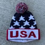 USA Unisex Knitted Stocking Hat Skull Cap Pom Pom Retro One Size Stars Patriotic Blue Photo 0