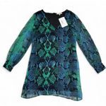 Lavender Brown  Womens Blue Snake Print Shift Dress size Medium Long Sleeve Silk Photo 0