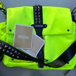 Michael Kors Olivia Studded Neon Yellow Black Satin Messenger Bag Purse Photo 2