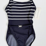 Adrienne Vittadini [] Navy Charcoal Striped Vintage Y2K Belted Swimsuit NWT Sz 6 Photo 0