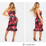 Pretty Little Thing Black Rose Print Satin Bandeau Frill Midi Dress size 10 us Photo 1