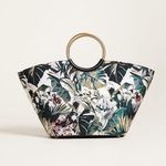 Flynn Hampton Flora Metallic Weave Floral Tote Bag Purse Metallic Ringed Handles Black Photo 0