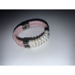 925 STERLING SILVER LEATHER AND PEARLS BRACELET BRAIDED PINK LEATHER 7.5" Photo 3