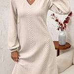 Beige V-Neck Long Sleeve Knit Dress Photo 0