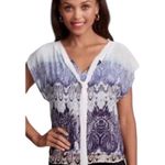 CAbi Style #238 White Top Blue Lace Print Chiffon Tie Neck Shell Shirt Blouse Photo 2