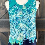 New York & Company Blouse Ombre Floral Pattern Pleated Neckline Zip Up Blue XS Photo 0