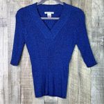 Reference Point Size Small V-Neck 1/2 Sleeve Ribbed Blue Sweater Vintage Photo 0