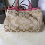 Coach  signature stripe framed carryall khaki satchel with pink leather trim Photo 8