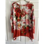 One World  Womens XL Red Poinsetta Blouse Floral Holiday Top Office Photo 5