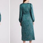 FLORET STUDIOS Long Sleeve Satin Faux Wrap Midi Dress in Green Pink size M Size M Photo 2