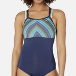 Nike  Womens Navy Stripe Double Cross-Back One Piece Swimsuit Size Large Photo 0