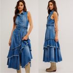 Free People  Western Bohemian Ruffle Denim Midi Maxi Dress Belted Cowgirl Small Photo 1
