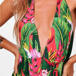 Boohoo  Green Red Tropical Floral Plunge Halter Neck One Piece Swimsuit Size 12 Photo 0