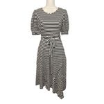 Karl Lagerfeld Paris Belted Striped Pouf Sleeve Round Neck Midi Fit Flare Dress Photo 2