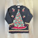 VTG TIARA Christmas Tree Sweater Multi Color Knit Elegant Black Gold Red S M Photo 12