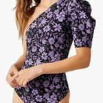 Free People  Black Purple Floral One Shoulder Somethin' Bout You Bodysuit Size S Photo 0