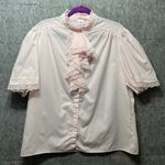 Vintage Brian Michele Ruffle Front Blouse 40 Lace Trim Pink Union Made High Neck Photo 0