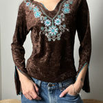 y2k boho brown velvet floral v neck flutter flare sleeve long sleeve top by mkm Photo 0