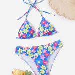 Romwe NWT  Swim Retro Floral Triangle Bikini Set - Blue/Pink - L/L Photo 2