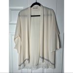 Jella Couture Beige Semi Sheer Fringe Trim Open Kimono Cardigan Size Large Photo 4
