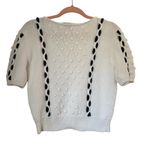 Vintage Hand Knit French Girl Preppy Coastal Short Sleeve Sweater With Pom Poms White Photo 4