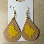 Handmade Yellow Chick Tan Faux Leather Teardrop Earrings Photo 0