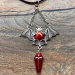 1pc Red Bat & Coffin Gothic‎ Bohemian Style Black Rope Necklace Silver Photo 3
