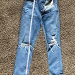 AGOLDE : Blue Straight Leg Jeans with Distressed Details Photo 1