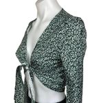 SheIn Green Floral Print Tie Front V Neck Flare Bell Sleeve Crop Top Blouse XS Photo 3