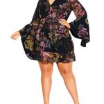 City Chic Malaga Floral Mini Dress in Black size S/16 Bell Sleeve Faux Wrap Photo 0
