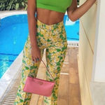 ZARA Green & Yellow Floral Abstract Print High Waist Stretch Cropped Pants XS Photo 0