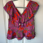 Rose + Olive Floral Ruffle V Neck Blouse Top Sleeveless Orange Purple Medium Photo 0