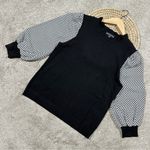 Adrianna Papell  Sweater Blouse 3/4 Balloon Sleeve Gingham Ruffle Neck in Black M Photo 0