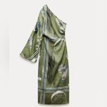 ZARA  COLLECTION PRINT ASYMMETRIC ONE SHOULDER LONG SLEEVE LINEN DRESS GREEN  NEW Photo 10