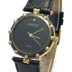 Adolfo Quartz Watch Black Leather Band Gold Tone Stainless Steel Back Photo 0