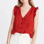 Madewell  Rust Coral Linen Ruffle Sleeve V Neck Button Down Boxy Tank Shirt Top 4 Photo 0