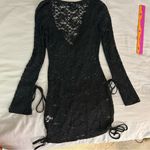 SheIn  Sheer Black Lace Dress, Long Sleeve Low Cowl Front With Triangle Top Small Photo 8