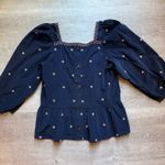 Madewell Embroidered Corduroy Button Back Peplum Top Sz S Navy Blue Square Neck Photo 9