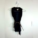 belle du jour Black Drape Vest Top S Boho Knit Sleeveless Open Belted Ruffle Hem Photo 2