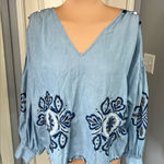 ZARA  Denimwear Chambray‎ Embroidered Pom Pom Peasant Boho Oversize Top Photo 0