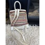 Crazy Horse Woven Crochet Backpack Cream Faux Croc Trim Top Handle Zip Front White Photo 3