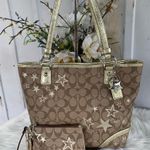 Coach Tan and Gold Star-Patterned Tote Bag with Matching Wristlet Photo 0