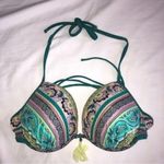 Shade & Shore Swim Bikini Top Size 34DD Blue Green Print Tassel Gold Beading Photo 1