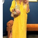 DONNI Yellow 100% Cotton Long Sleeve Front Button Tunic Maxi Shirt Dress Size L Size L Photo 13